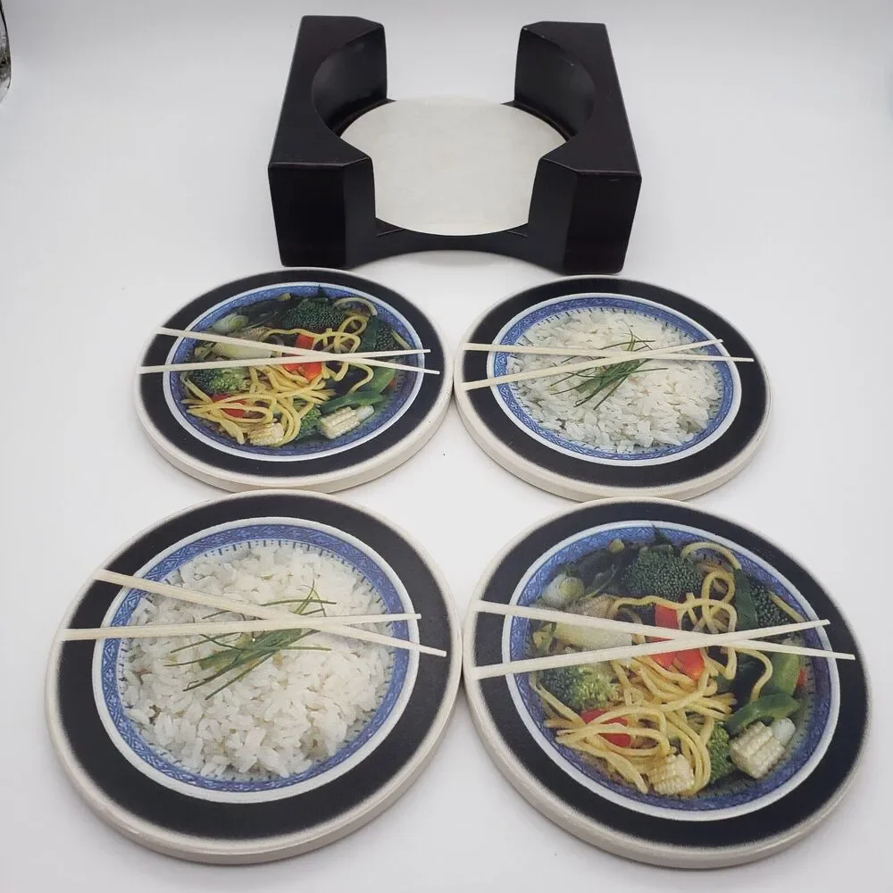 Ceramic Round Coasters Chinese Take Away Set of 4 & Wood Holder Rice Lo Mein Bar